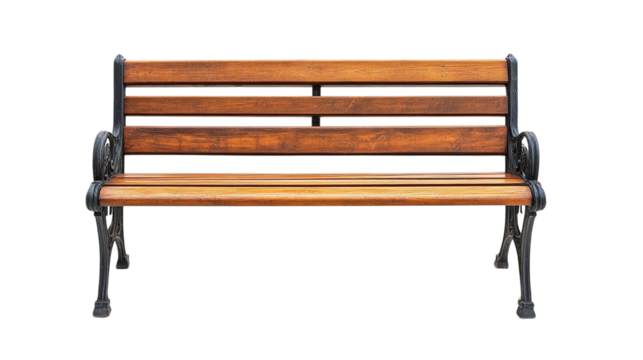 Wooden park bench with metal frame, classic design, suitable for outdoor settings, inviting for relaxation and socializing, isolated on transparent background, png  