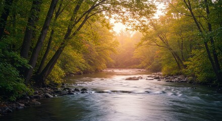 Fototapeta premium Photo of Sunlit Forest River in Autumn