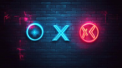 Glowing neon symbols, circle cross, on brick wall background