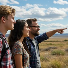 Fototapeta premium Photo of Three Friends Pointing at Scenery
