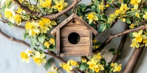 Charming Wooden Birdhouse Hanging on Spring Blossoms Branch Daffodils and Birdhouse