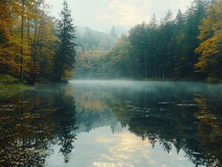 Obraz premium Unsurpassed quiet lake in the morning light surrounded by a forest, tree reflection on the water surface