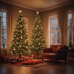 Ornate Christmas tree, glowing lights, cozy room,  glowing,  decorations