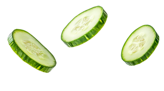 flying cucumber slices isolated on transparent background