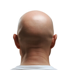 Bald mans head with smooth skin against a Transparent background in a simple and clean composition, the back a bald mans head, PNG background