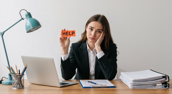 Young woman looking overwhelmed holding help sign at office desk  