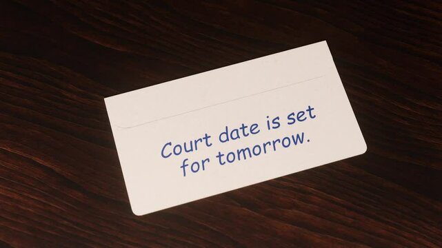 3D Animation of a Message Arriving Under the Door with Text: "Court date is set for tomorrow"