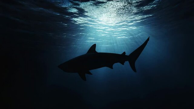 A shark is swimming in the ocean. The water is dark blue and the shark is the only thing visible