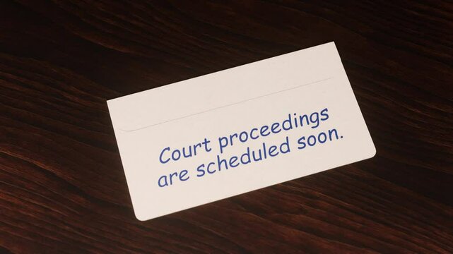 3D Animation of a Message Arriving Under the Door with Text: "Court proceedings are scheduled soon"