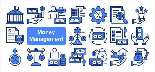 Money management icon collection set. Containing investing, asset, budgeting, banking, evaluating taxes, investment, wealth icon. Simple line vector.