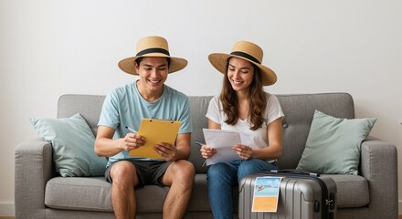 Couple planning travel while sitting on sofa with suitcase and maps