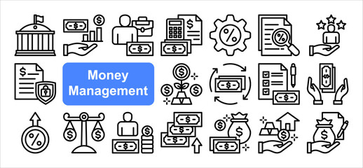 Money management icon collection set. Containing investing, asset, budgeting, banking, evaluating taxes, investment, wealth icon. Simple line vector.