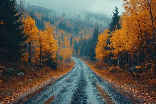 Autumn road landscape in beautiful nature travel, autumn colors in mountain road scenery