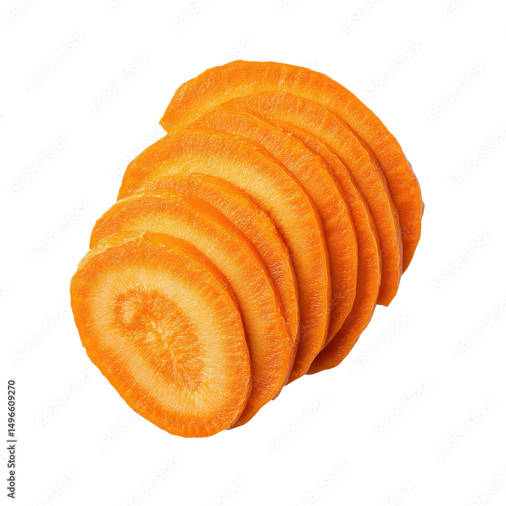 Poster carrot slices arranged neatly on a white background showcasing their vibrant color and texture, carr