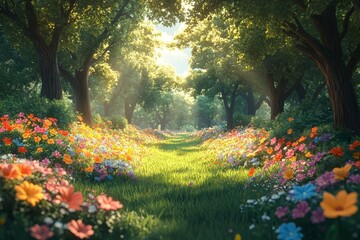 Obraz premium Sunlit path through vibrant flower-filled forest