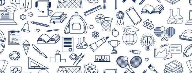 Seamless pattern with school drawings. Blue drawings on a white background. Concept of learning, knowledge, skills. Seamless background with icons of educational supplies. Vector
