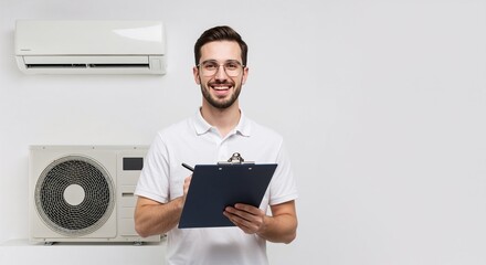 Technician smiling while holding clipboard next to air conditioning unit  