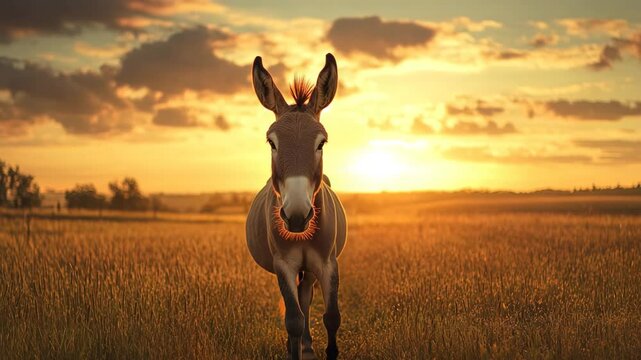 A donkey is standing in a field with the sun setting in the background. The scene is peaceful and serene, with the donkey being the main focus of the image