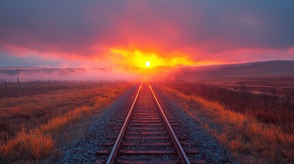 Beautiful orange sunset in low clouds over railroad landscape
