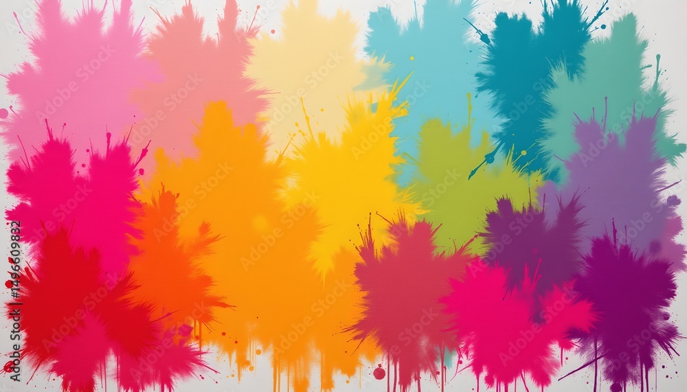 Poster an abstract art print that is vibrant and colorful. it's a collage of splatters in various hues, arranged in a way that creates a visually engaging pattern across the entire frame