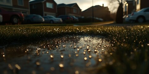 Sparkling Dewdrops on Grass Near Suburban Houses at Sunset