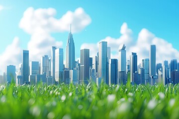 Smart city futuristic cityscape and iot in different layer with realistic sky and grass