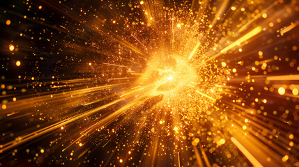 A bright explosion of golden light radiating outward with sparks and particles in a dark environment