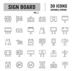 Signs board line editable icon set. Containing billboards, information, directions, symbols, advertisements and more. Vector illustration