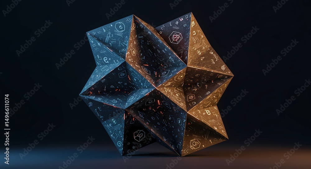 Poster Geometric Polyhedron with Intricate Patterns Illuminated by Colored Lights