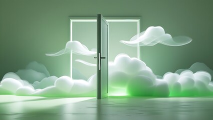 Fototapeta premium Open door to a dreamlike cloud landscape