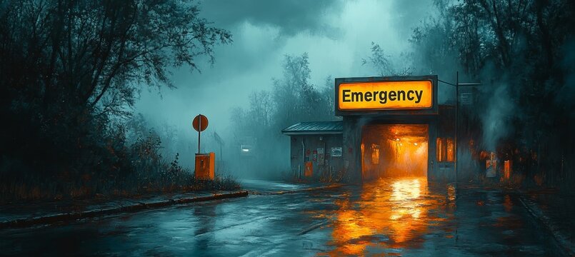 ellow emergency road sign with 'Emergency' text under stormy sky, symbolizing earthquake alert system in disaster zone