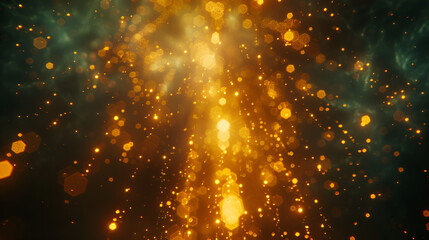 Obraz premium A bright explosion of golden bokeh lights against a dark green and black abstract background scene