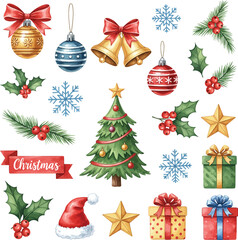 Watercolor Christmas Ornaments and Festive Symbols
