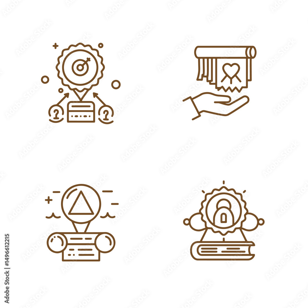 Poster elegant line art icons depicting goals certificates information and data security