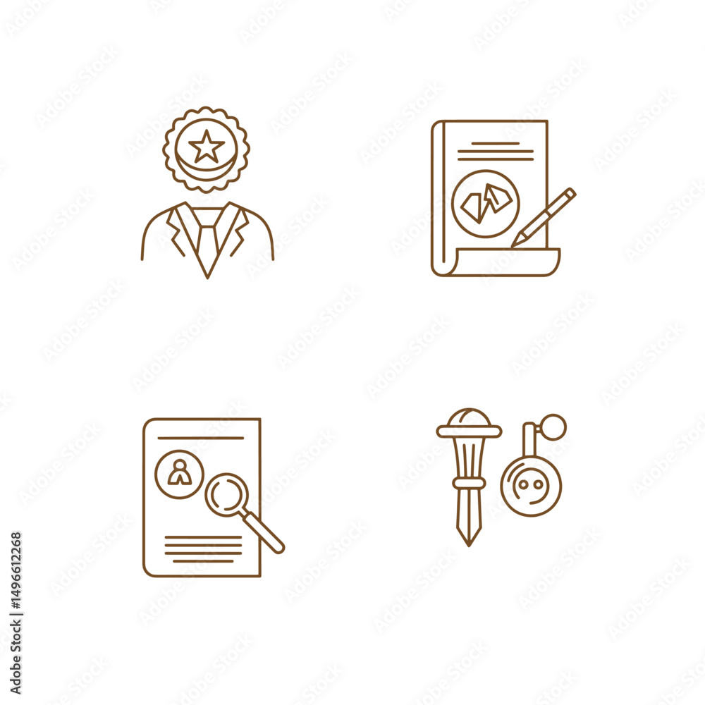 Poster elegant line art icons depicting various professions and related concepts with brown tones