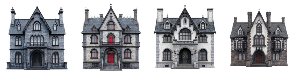 Fototapeta premium A collection of striking elaborately decorated Gothic style mansions and castles showcasing the architectural grandeur and sophisticated design of historic residences