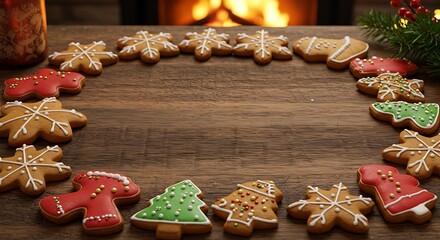 Festive Cookies Frame on Wooden Surface Near Fireplace