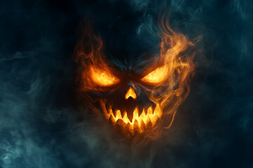 Fiery skull with glowing eyes emerges from swirling dark smoke, creating a haunting atmosphere
