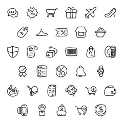 e commerce online shopping doodle hand drawn icon set. Shopping and Retail Related Objects and Elements
