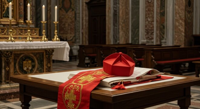 Photo of Red Cardinal Hat and Robe on Table in Church