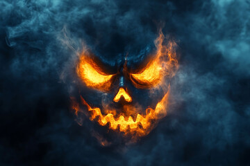 Fiery pumpkin face emerging from dark smoke, creating a spooky Halloween atmosphere