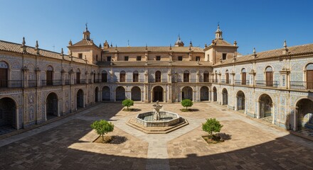 Obraz premium Photo of Ornate Spanish Courtyard with Fountain and Trees