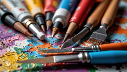 Obraz premium Art supplies arranged on a colorful background.