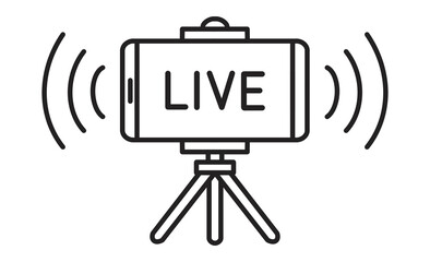 ライブ配信を示すスマートフォンと三脚の線画イラスト