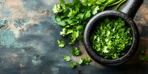 Fresh Parsley Chopped in a Mortar: Culinary Herb