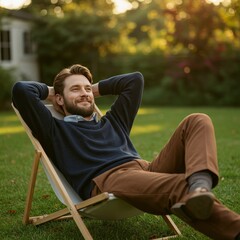 Photo of Relaxed Man in Deckchair in Garden