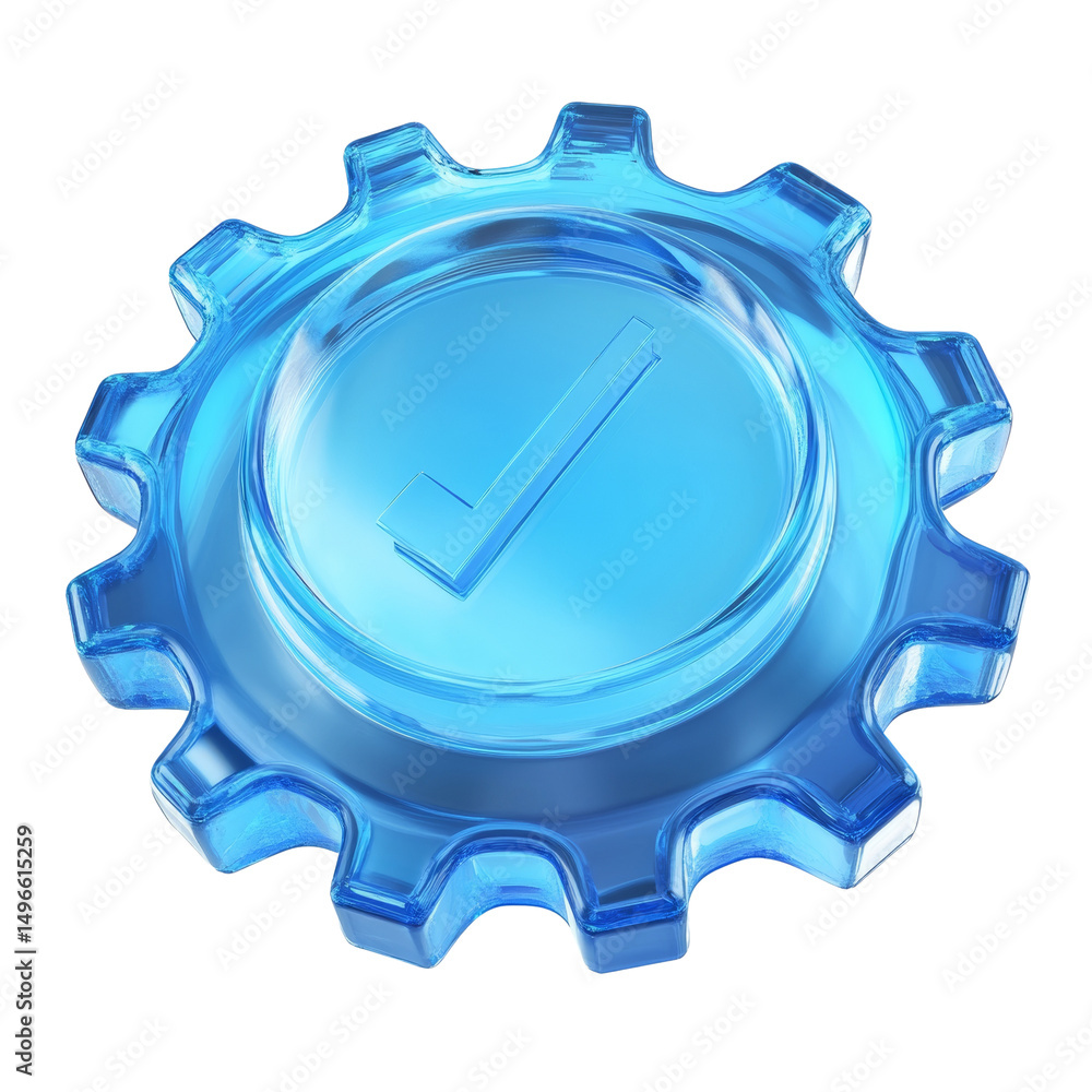 Poster transparent blue cogwheel with tick mark symbolizing task completion process