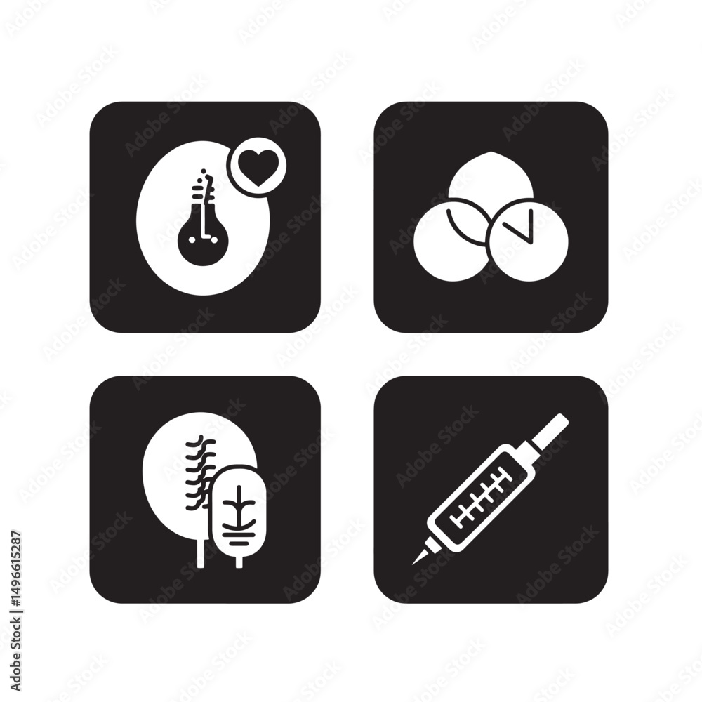 Poster set of minimalistic white icons on black squares representing various concepts