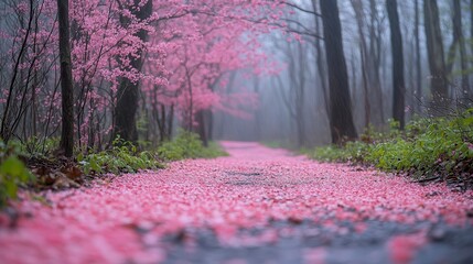 Path covered in pink petals through misty woods with flowering trees