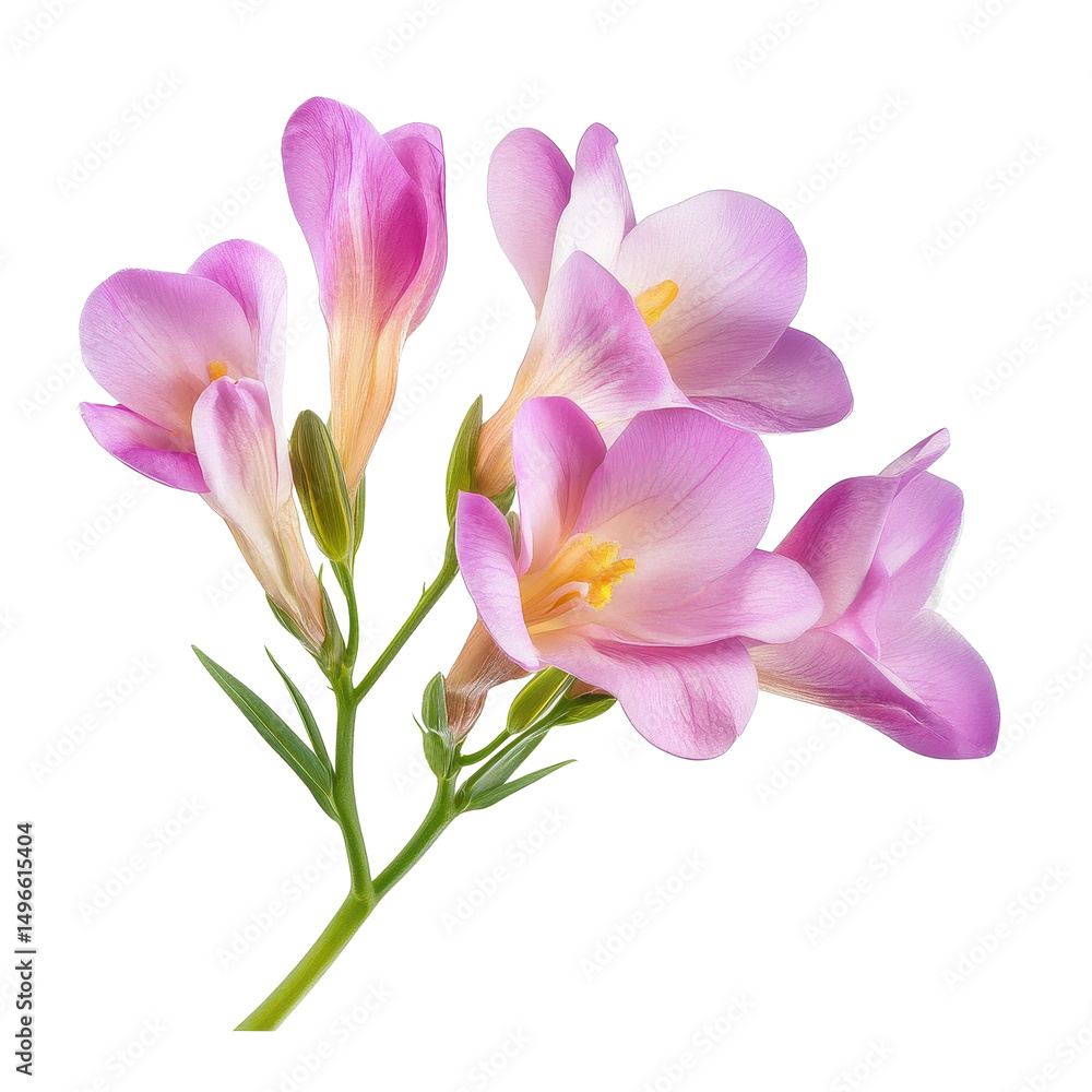 Poster freesia flower cluster isolated on white background creating a delicate and vibrant floral display, 